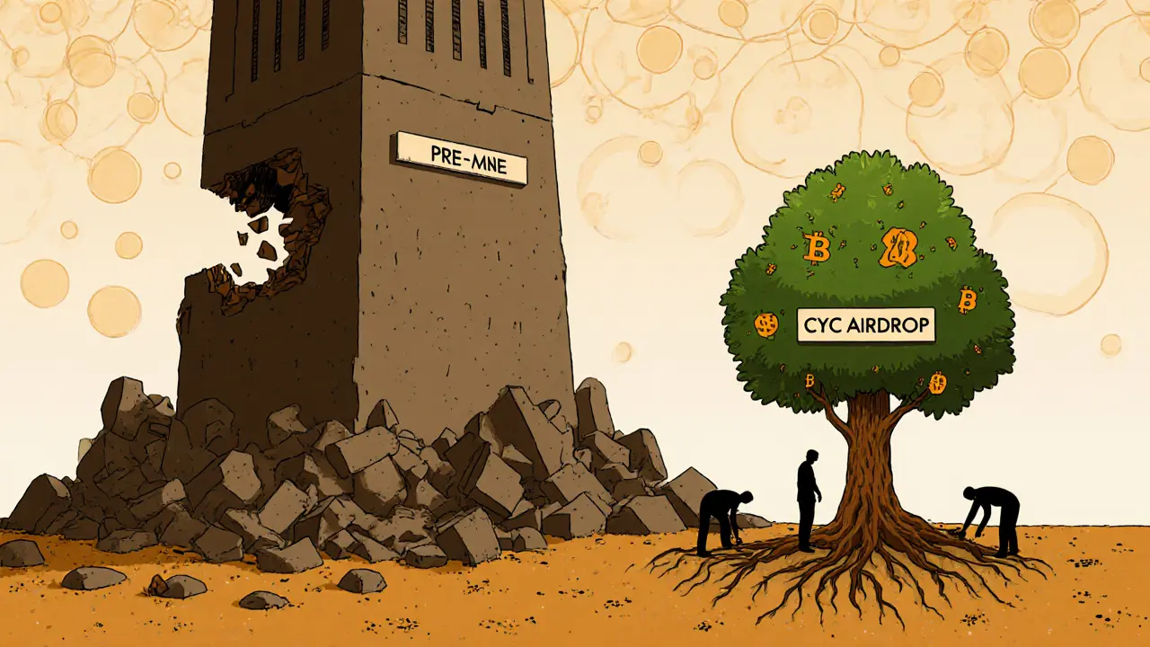 A crumbling pre-mine tower falling as a CYC tree grows from its ruins, community planting seeds around it.