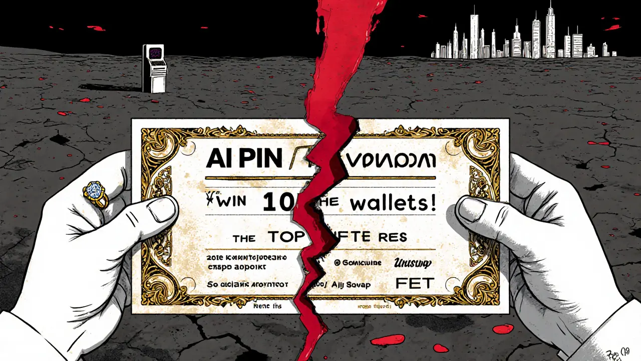 A giant lottery ticket is torn between a wealthy investor and a retail buyer, while real AI crypto projects shine in the distance.