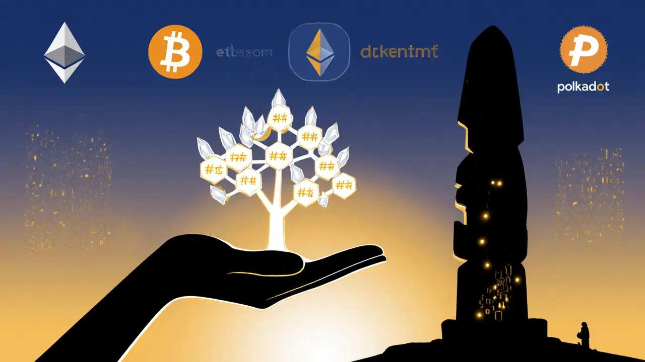 A hand holds a Merkle tree of hexagonal crystals, casting a shadow of a quantum computer, with blockchain logos as ancient totems.