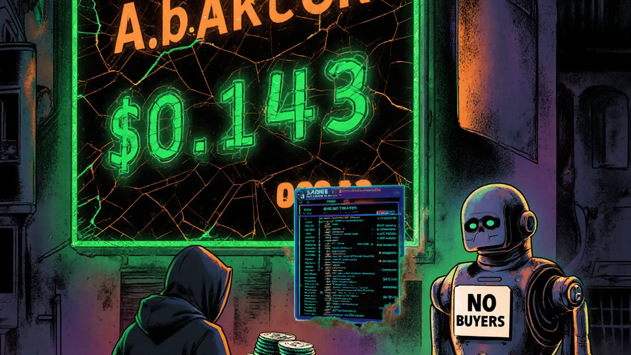 A lone person tries to sell AI PIN tokens to a bored robot under a flickering price billboard in a neon alley.