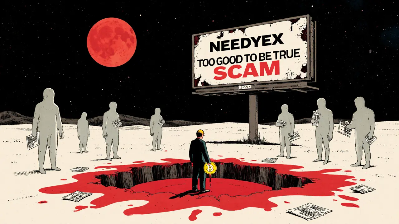 A lone victim in a digital desert drops crypto into a pit shaped like the Needyex logo, surrounded by fading victims and a crumbling scam billboard.