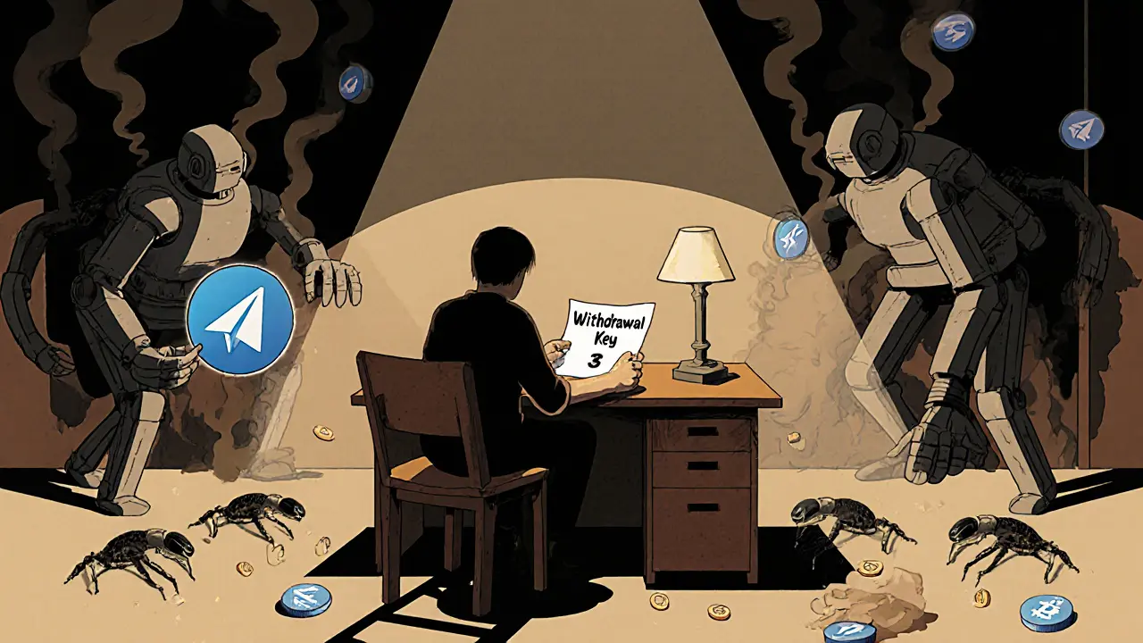 A person holding a fragile withdrawal note as shadowy bots crawl nearby in a dim, symbolic room.