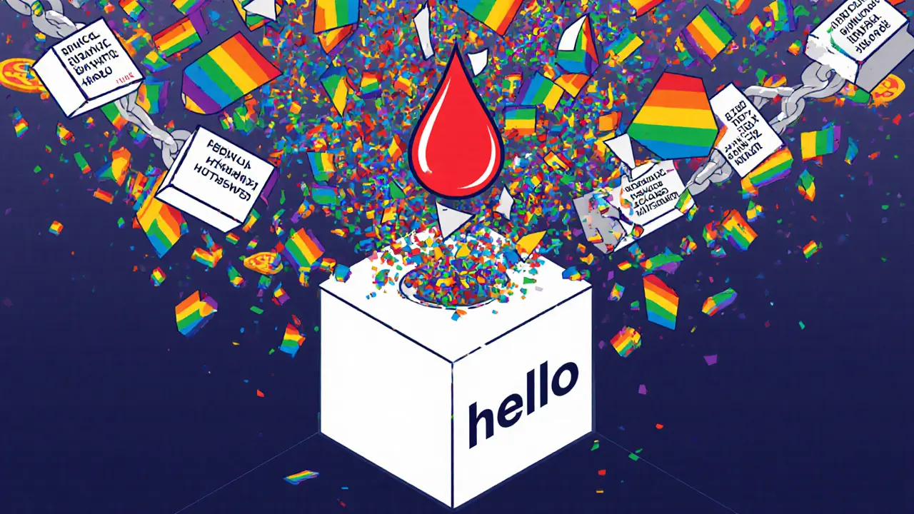 A red drop explodes into a storm of changing hash strings, shattering blockchain blocks in surreal, colorful shards.