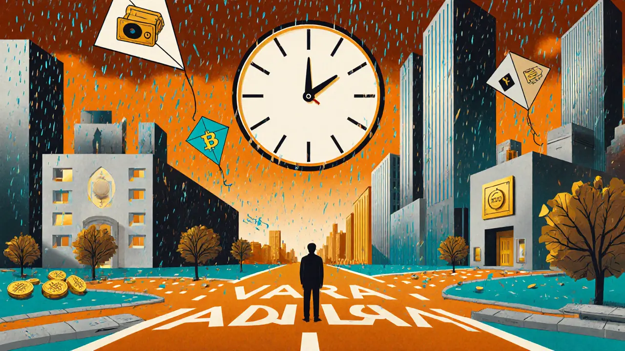 Figure at crossroads of VARA and ADGM paths, with startups and institutions leading to 2025 and digital dirham rain.