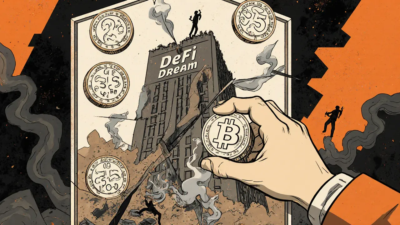 Fractured mirror showing conflicting crypto supply numbers as investors fall from a collapsing tower