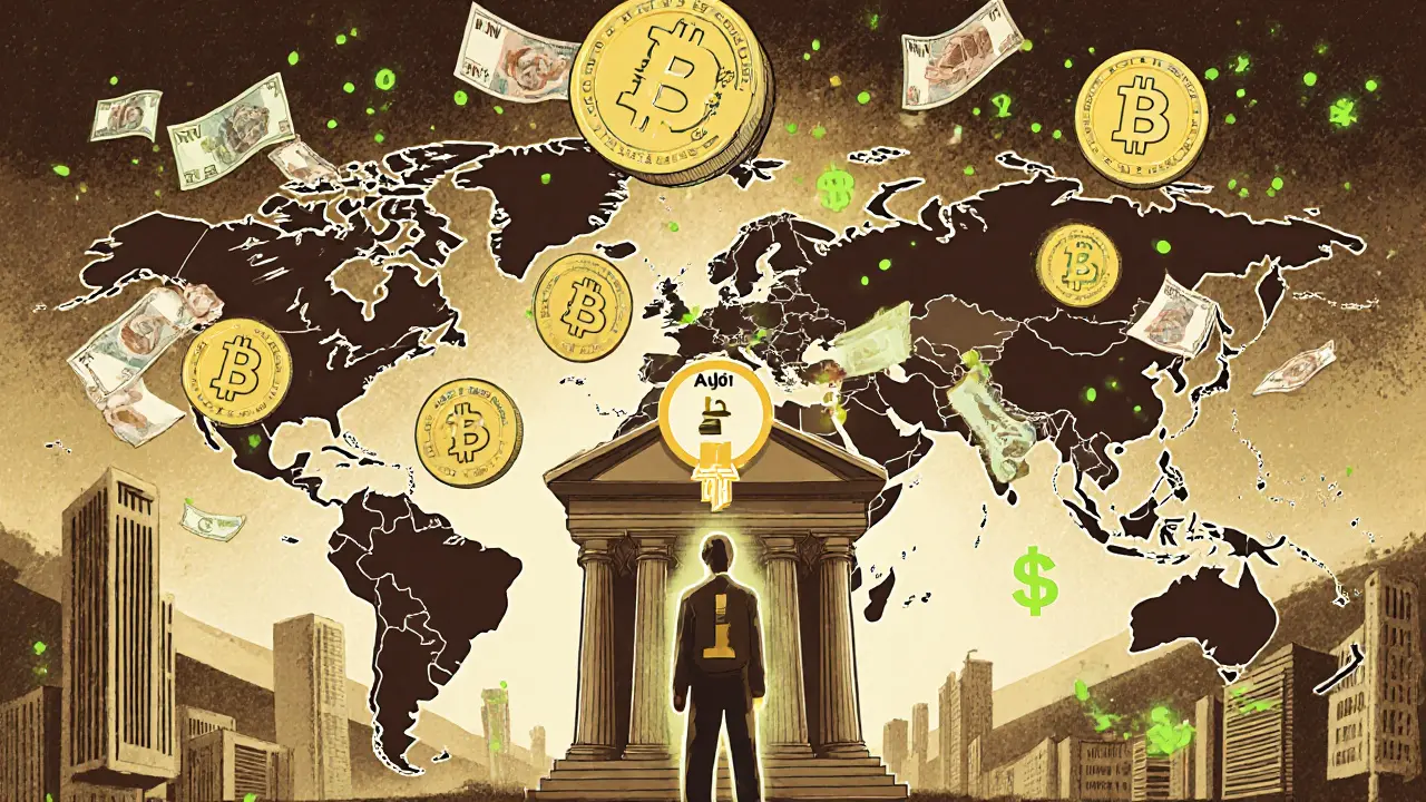 Global map with crypto coins turning into local currencies, centered by a figure holding the AjuBit key.