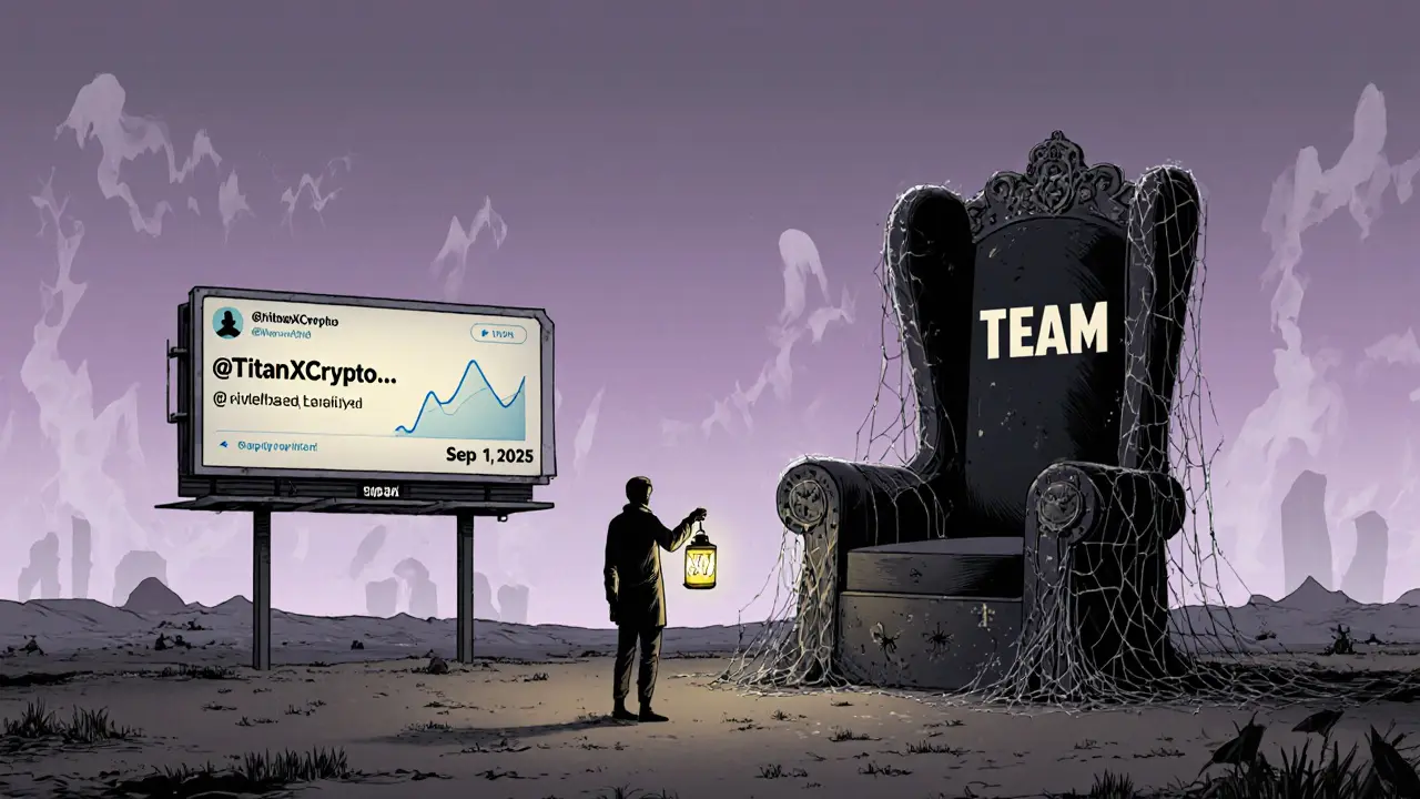 Lone figure holds contract address while empty throne and dead social media post loom in background