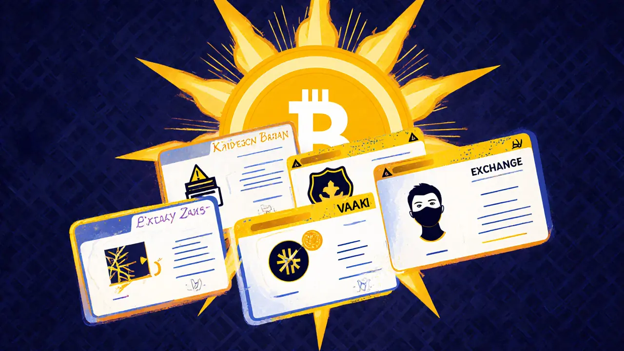 Modular crypto license cards with warning symbols hovering in an Arabic geometric frame under a crypto coin sun.