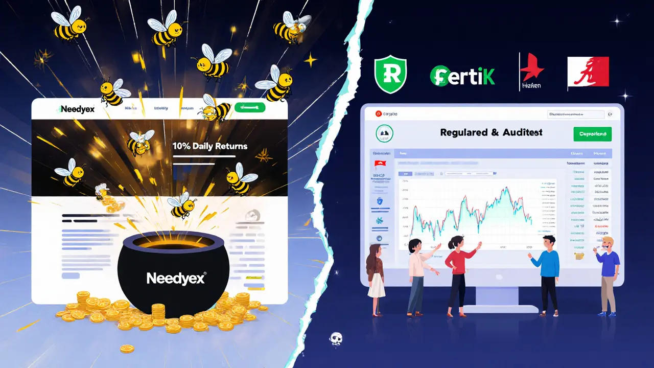 Split illustration: left side shows a fake crypto site draining funds, right side shows a transparent, regulated exchange with audit seals.