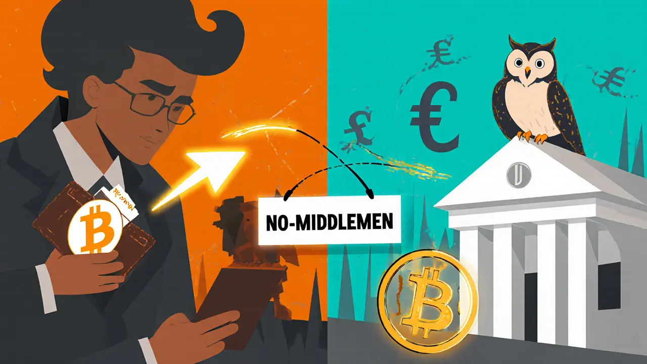 Split illustration showing Bitcoin flowing directly into a bank account with no intermediaries.