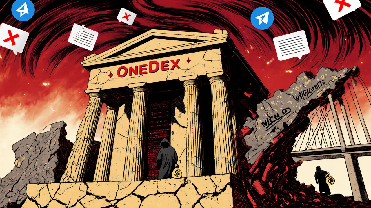 A crumbling digital temple of OneDex with a lone trader holding WEGLD, as a liquidity bridge collapses amid swirling audit warnings.