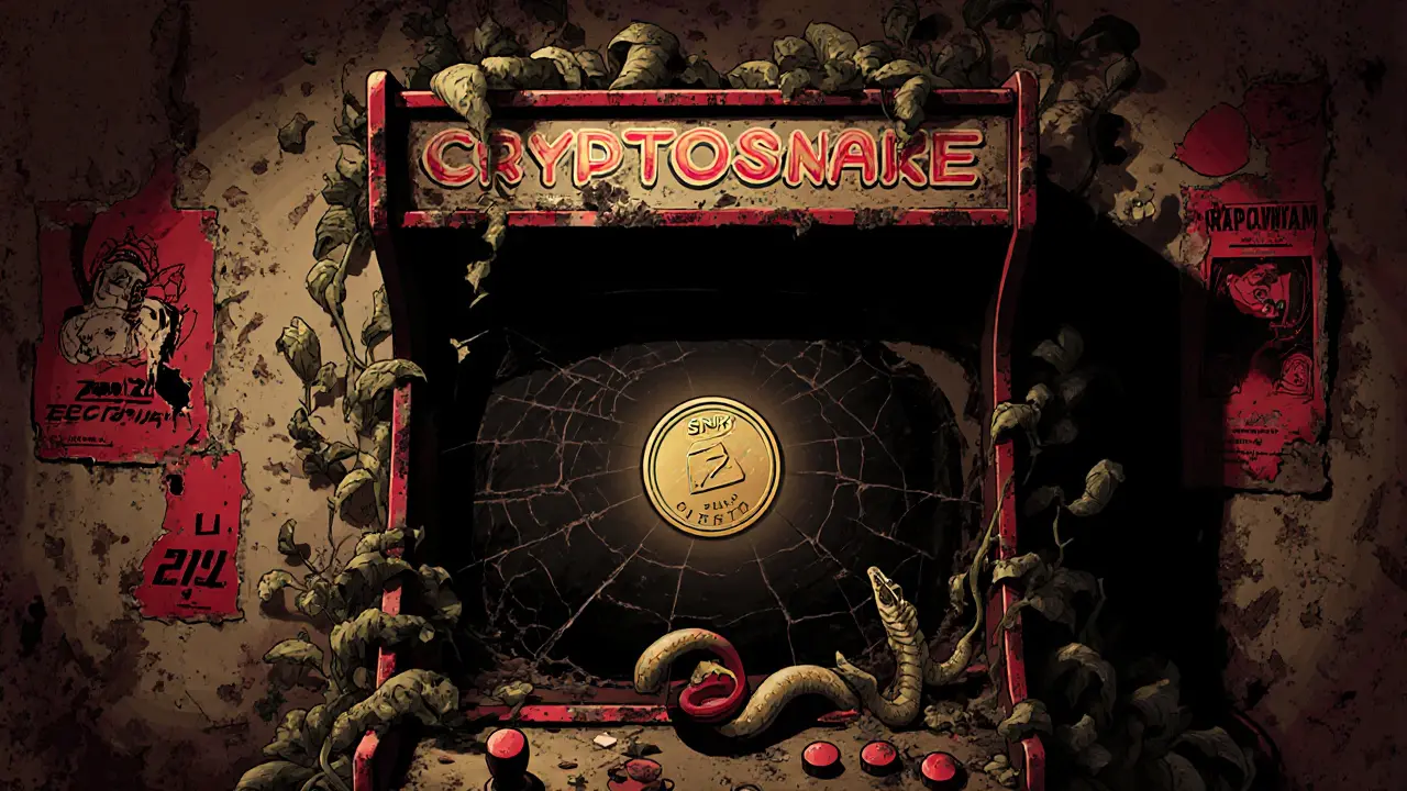Abandoned arcade cabinet with crumbling Cryptosnake screen and tiny snake NFT emerging from dust.