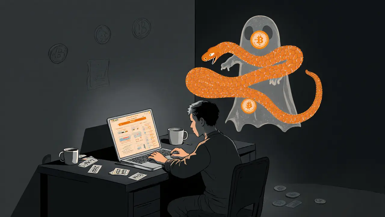 Solitary player in dark room with ghostly NFT snake hovering behind laptop screen.