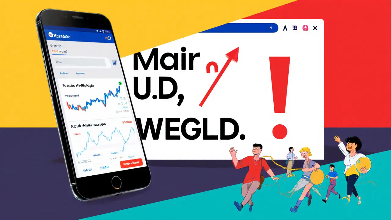 Split-screen comparison: Maiar app on mobile vs OneDex on desktop, dominated by a massive WEGLD/USDC billboard in stylized poster art.