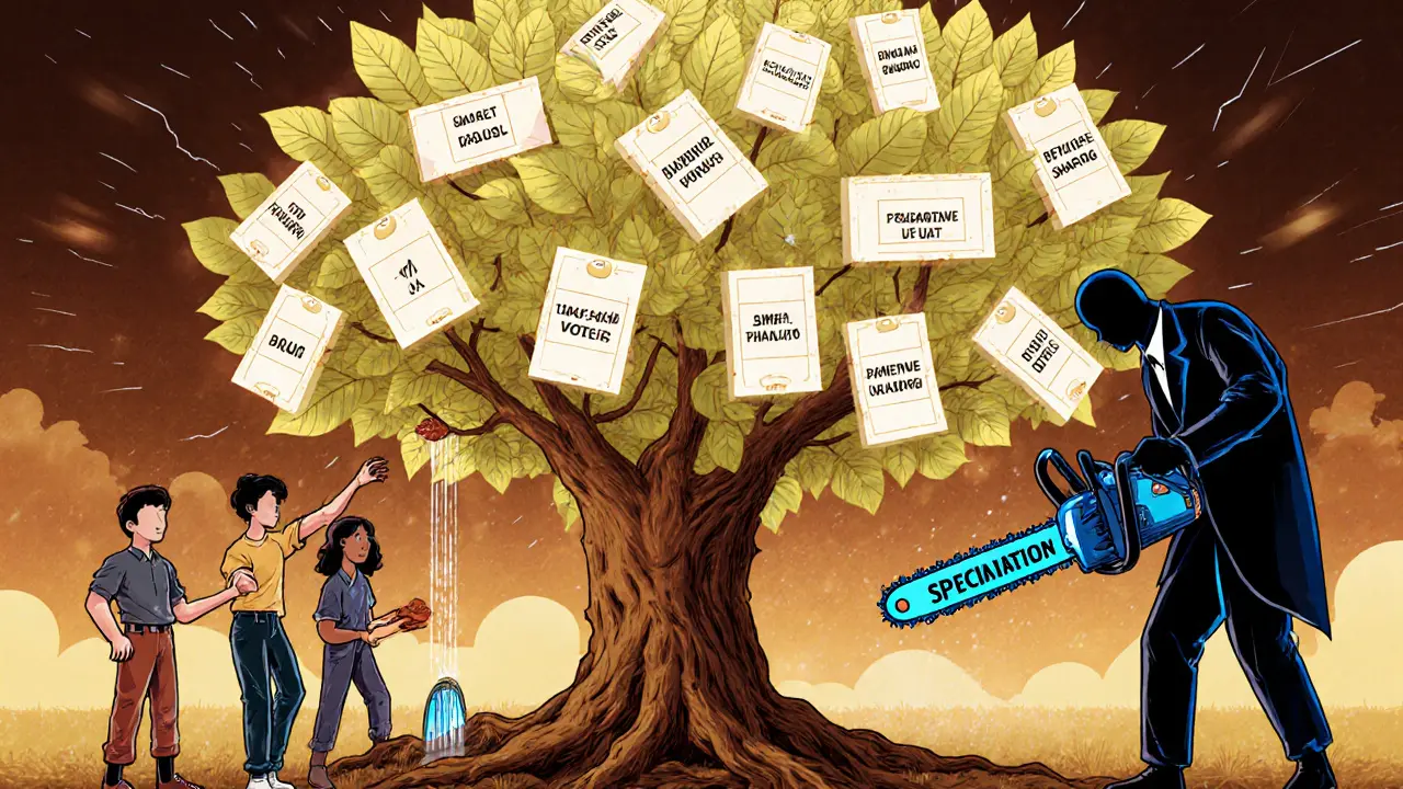 A blockchain tree grows proposals as leaves, tended by community members against a corporate threat.