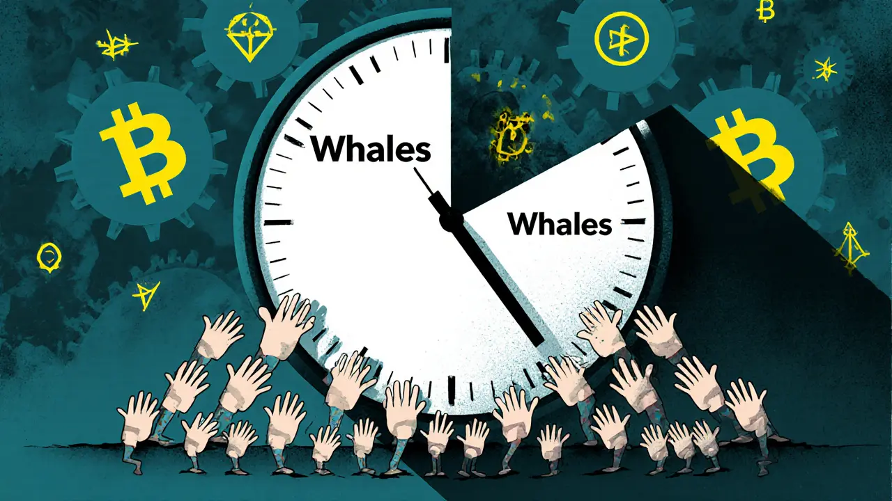 A broken democracy clock dominated by whale hands, with tiny holders struggling to turn the gears.