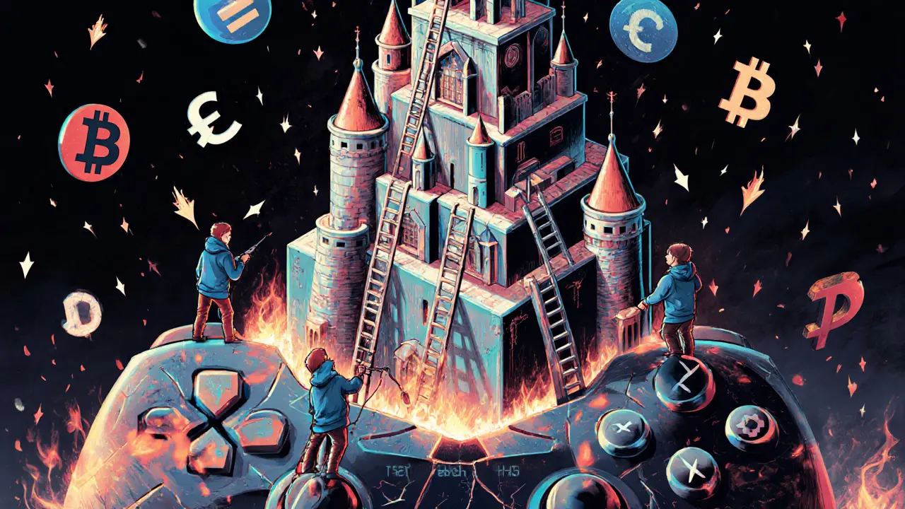 A castle made of NFTs rises from a game controller, with tiny figures climbing crypto ladders amid stormy scam arrows.