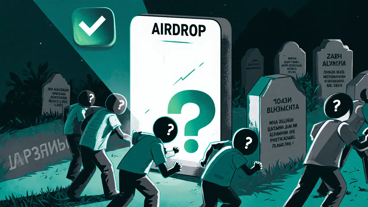 A crowd reaching toward a fake airdrop portal that reflects their empty hands, while a new app glows in the distance.