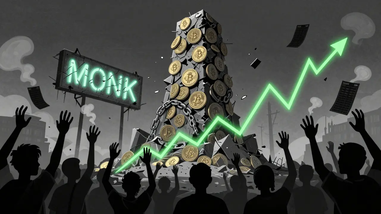 A crumbling monument of crypto tokens labeled MONK stands in an abandoned digital wasteland, with faceless figures reaching upward.