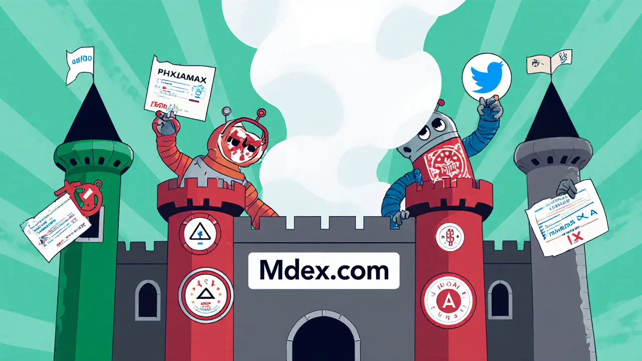 A digital fortress under siege by scam bots, with users safely earning MDX through staking and trading.