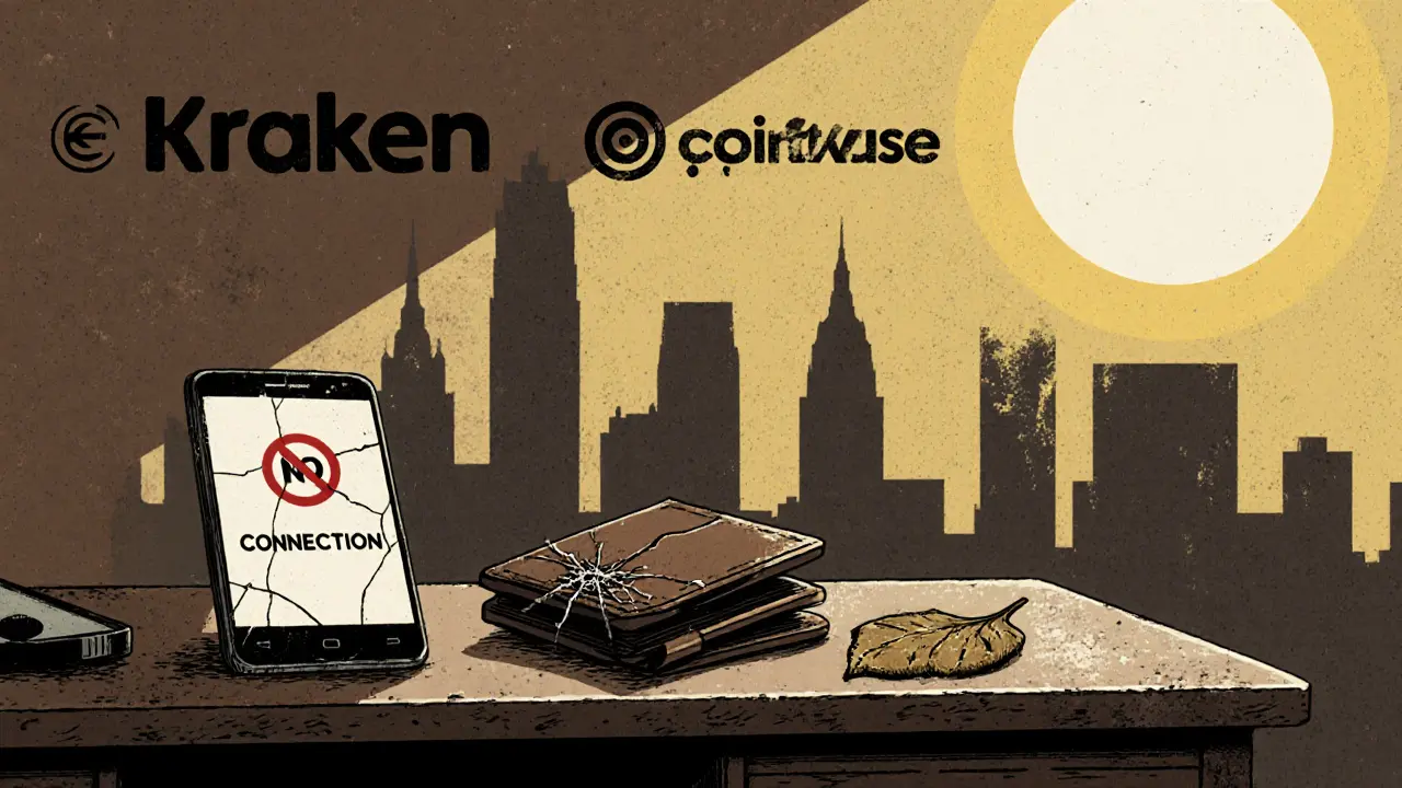 A lone hardware wallet beside a dead EQO token, while other exchanges glow in the distance.