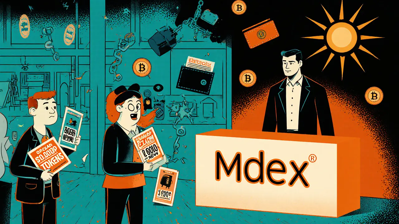 A surreal marketplace with fake airdrop vendors versus an official Mdex counter offering real rewards.