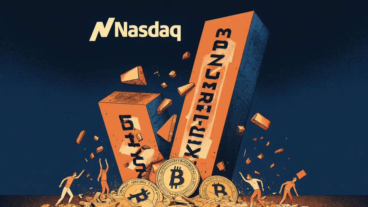 A tower of crypto coins collapsing into bankruptcy, with a dying Nasdaq sign above.