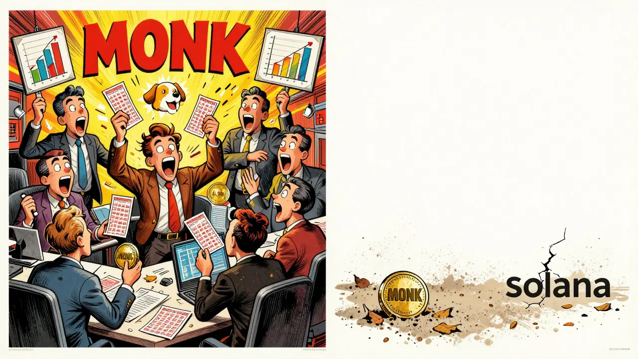 Split scene: chaotic trading floor on left, empty and dusty on right, with a single MONK token buried in the ground.