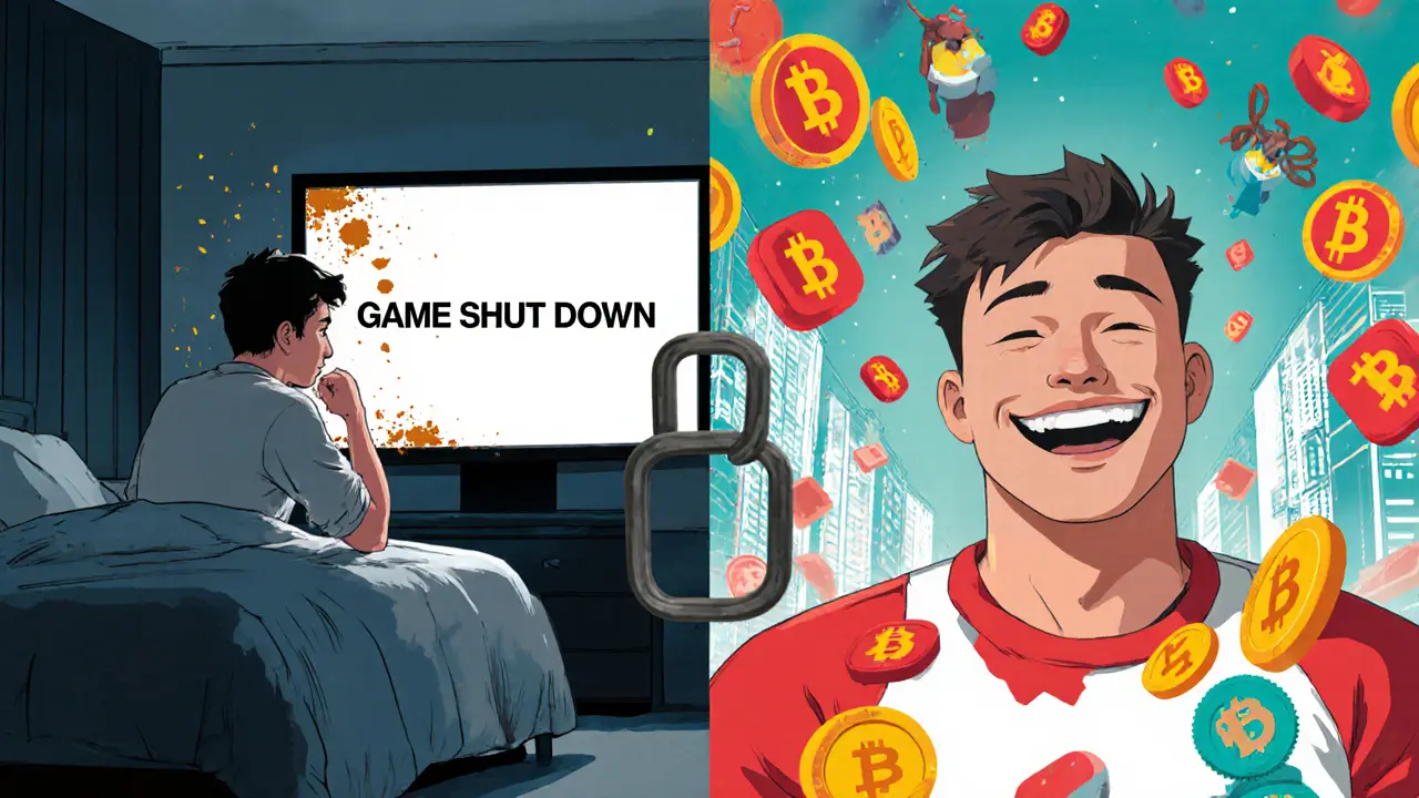 Split scene: one side shows fading game items, the other shows trading NFTs at a vibrant digital marketplace.