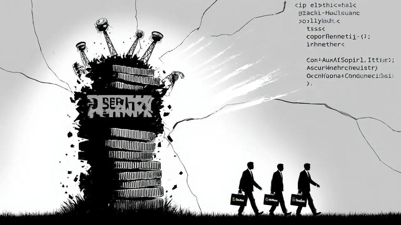 A crumbling tower of PHY tokens fades as corporate alternatives walk away, under a cracked sky with code glowing.