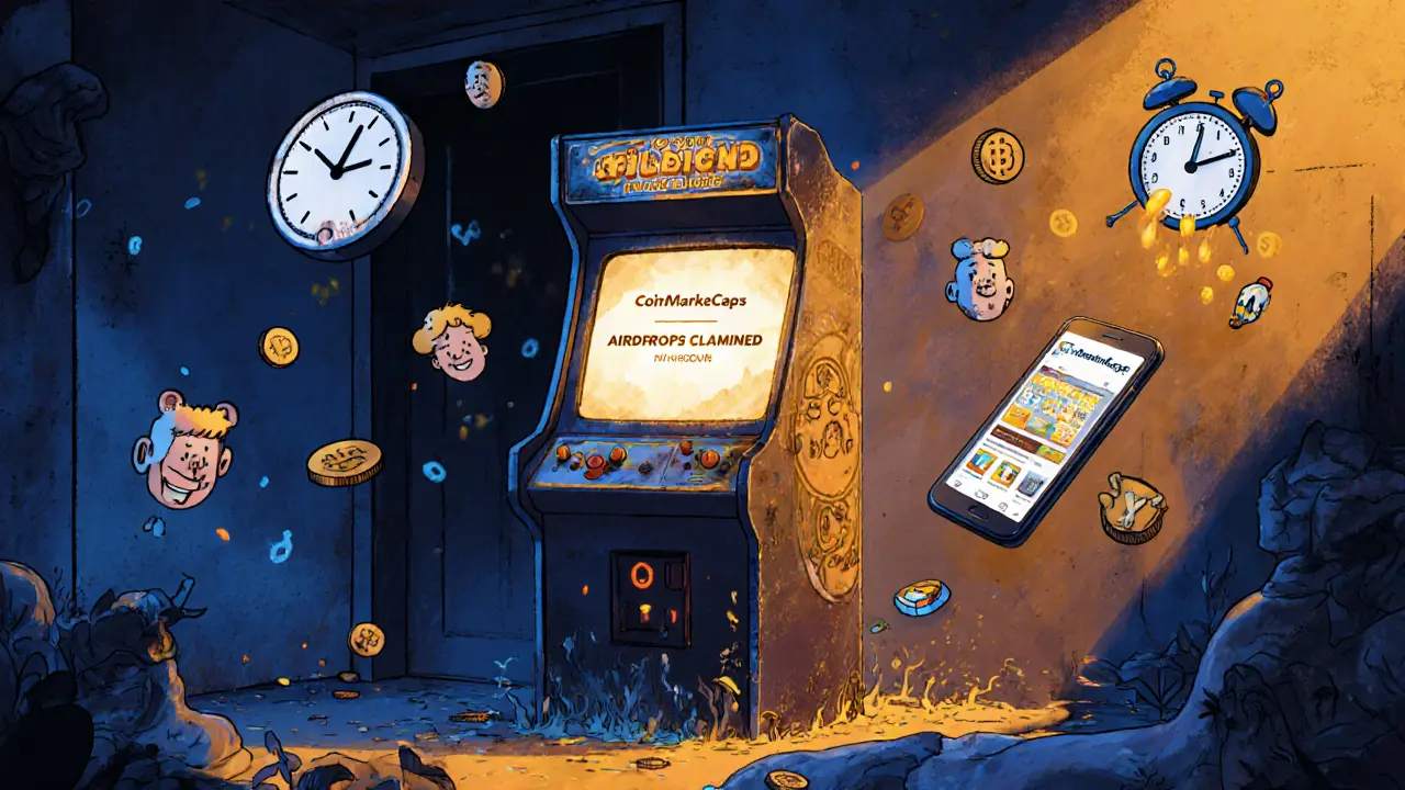 A dusty arcade cabinet displays &#039;Airdrop Claimed&#039; as floating tokens and a smartphone show CoinMarketCap in surreal poster style.