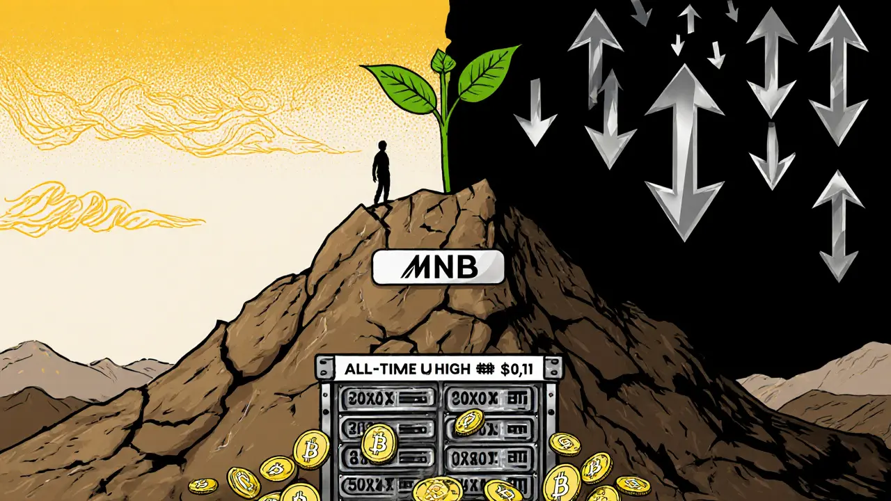A figure atop a crumbling &#039;All-Time High&#039; mountain overlooking a valley of falling MNB tokens.