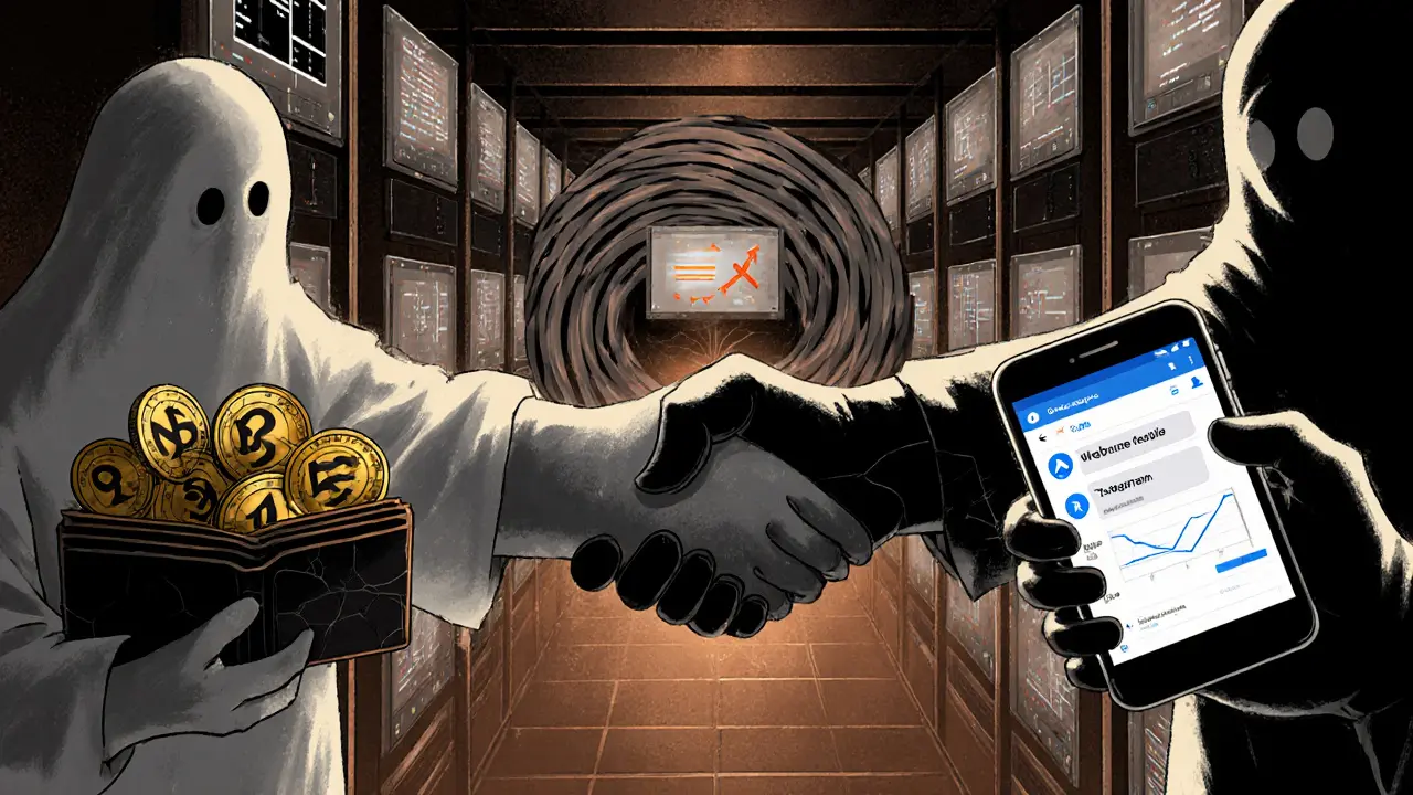 A ghostly handshake between wallet and smartphone, surrounded by zero-volume graphs and silent tech in a dark poster style.