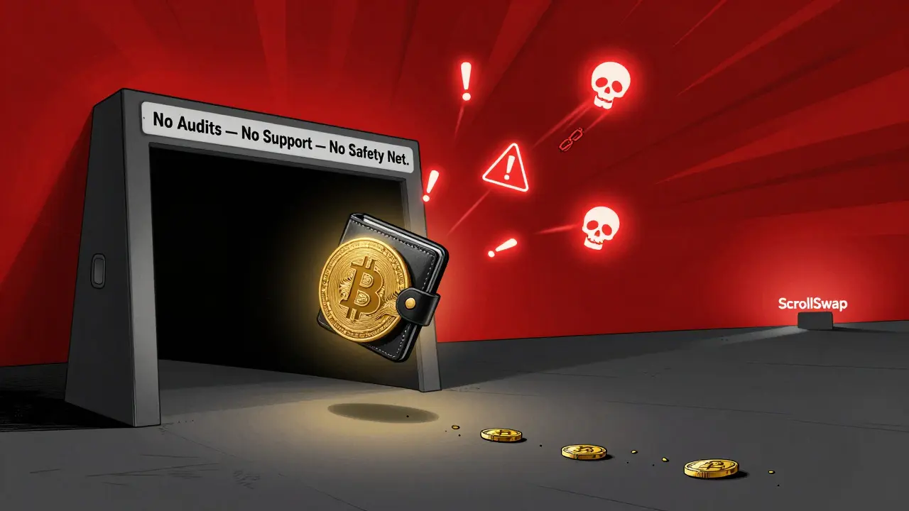 A glowing wallet hovers before a dark, unaudited smart contract portal surrounded by warning symbols in stylized poster art.