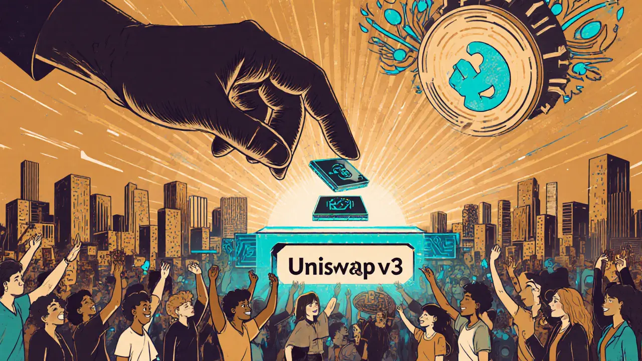 A hand placing a virtual GPU into a blockchain portal as diverse figures cheer below.