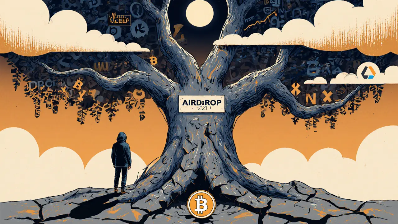 A lone figure before a dead blockchain tree with buried NT tokens and expired domains in a symbolic, abstract poster.