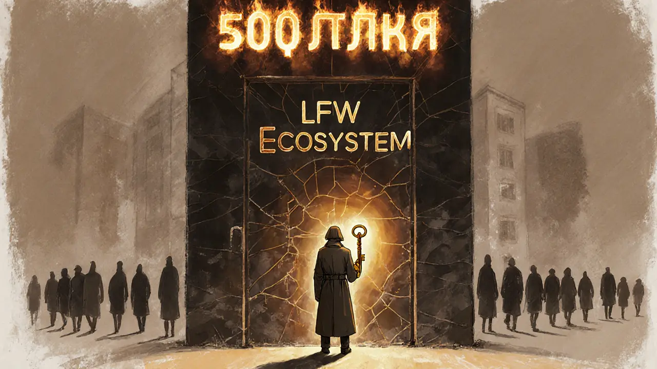 A lone figure holds an NFT key before a cracked digital door labeled &#039;LFW Ecosystem&#039;, with 499 figures walking away in shadow.