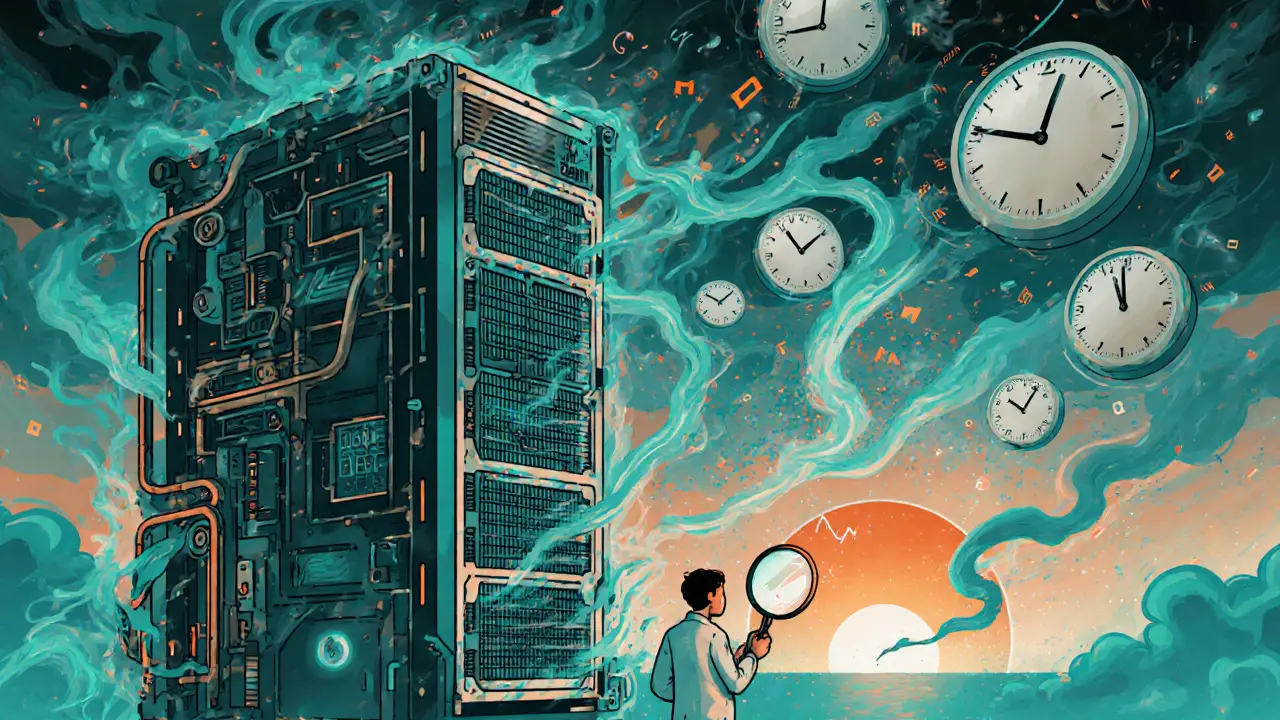 A mining robot made of ASIC chips surrounded by floating data streams of block delays and energy spikes.