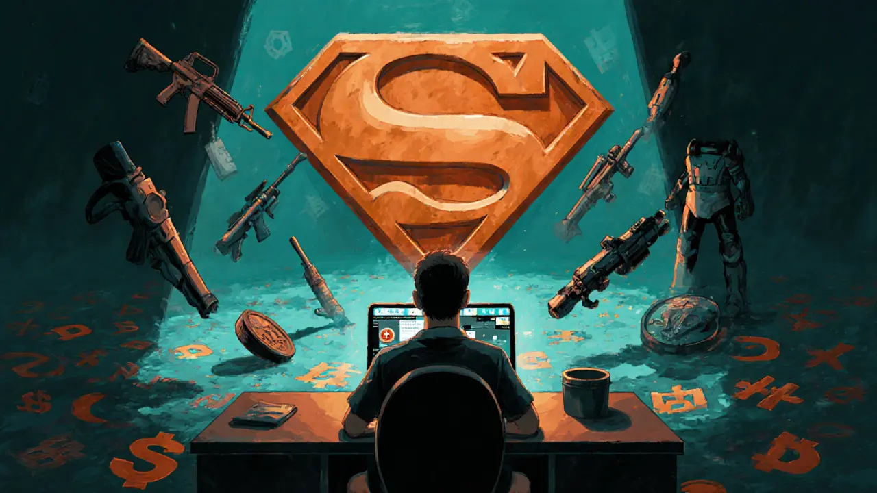 A player at a desk surrounded by floating NFT weapons, with a giant SQUAD token in the background.