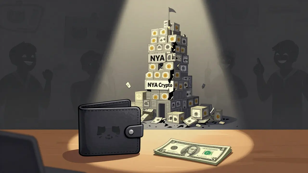 A small wallet beside a  bill, with a crumbling NYA crypto tower in the background.
