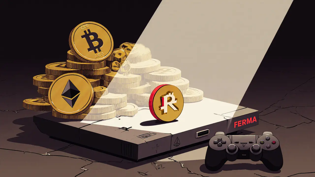 A tiny FERMA token overshadowed by giant crypto coins, sitting on a broken gaming console.