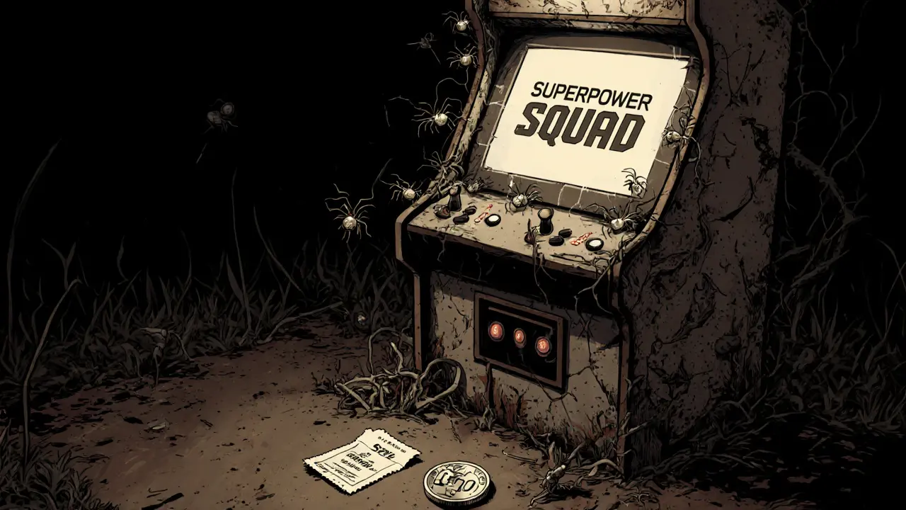 An abandoned arcade machine with tiny superheroes emerging, a single glowing SQUAD token on the floor.