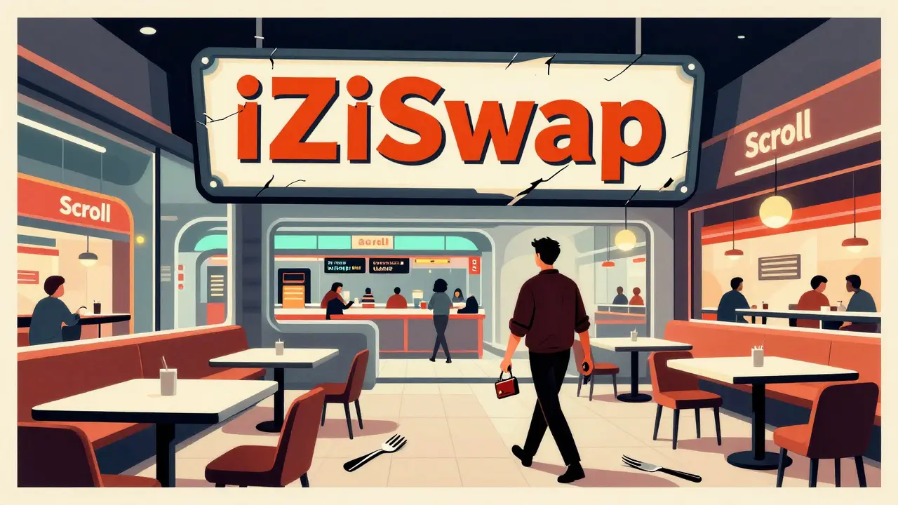 An empty restaurant labeled iZiSwap sits inside a modern mall called Scroll, while other exchanges buzz with activity.