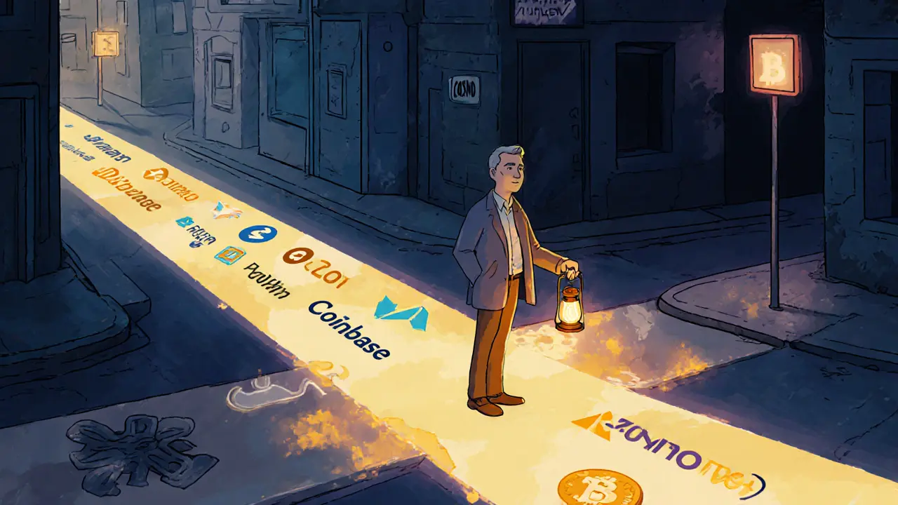 An investor faces a crossroads: one path leads to trusted crypto platforms, the other to the mysterious, empty COSMO alley.