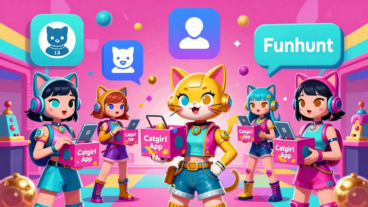 Catgirls browsing digital NFT boxes in a surreal, colorful online marketplace scene.