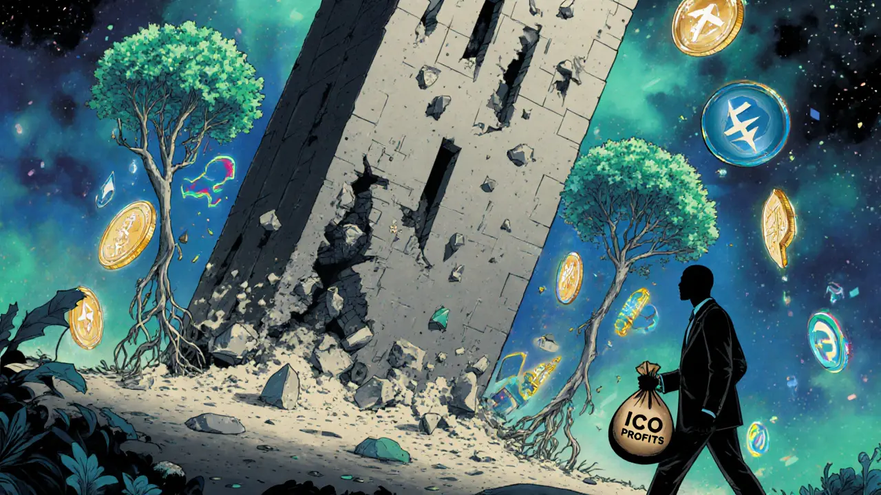 Collapsing UniWorld tower replaced by thriving crypto projects under a fleeing figure.