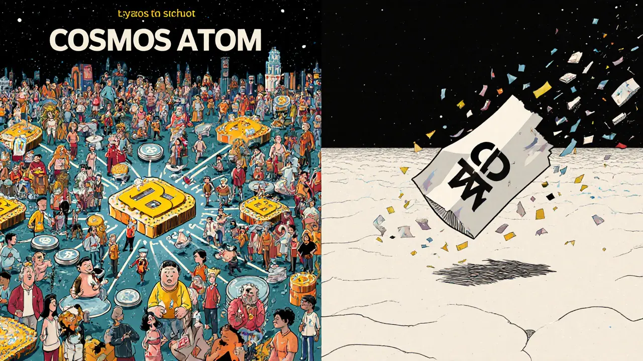 COSMOS (ATOM) thrives with community and structure, while COSMO fades away as a hollow token in symbolic poster art.