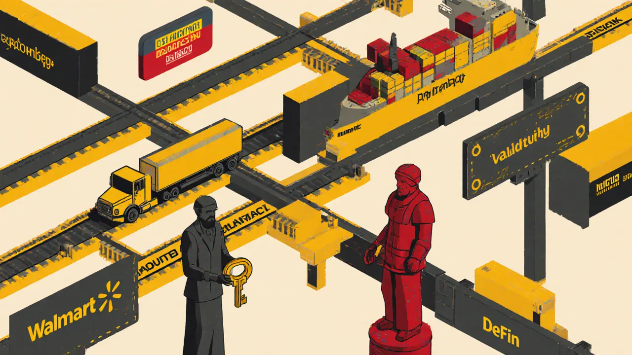 Enterprise sidechain hubs for supply chain, identity, and DeFi with guardian validator statues, one broken, in Polish poster art style.