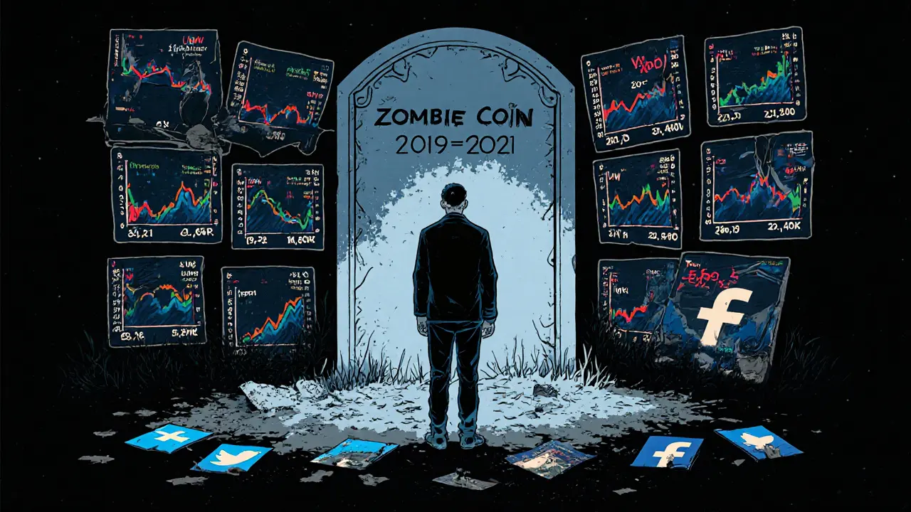 Investor facing conflicting UNW price charts beside a tombstone labeled &#039;Zombie Coin&#039;.