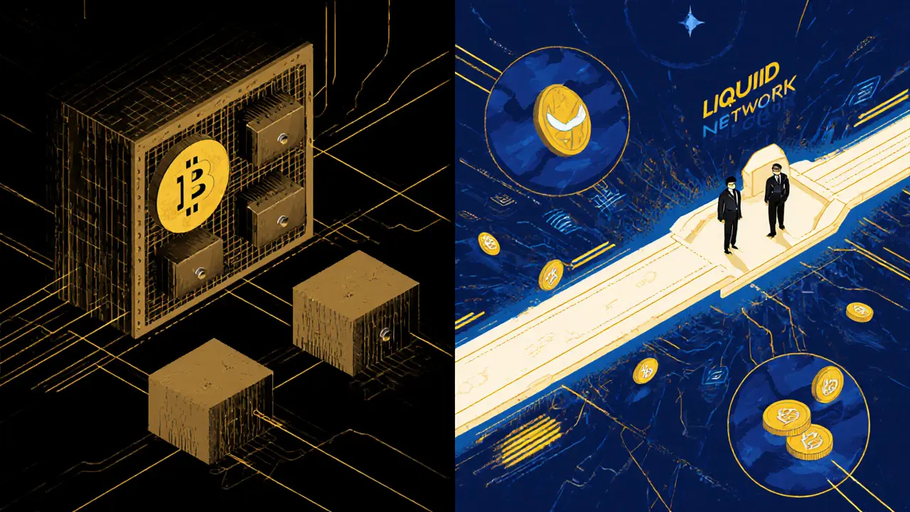 Split illustration: Bitcoin as a dark, slow vault versus Liquid Network as a glowing private conduit in high-contrast poster style.